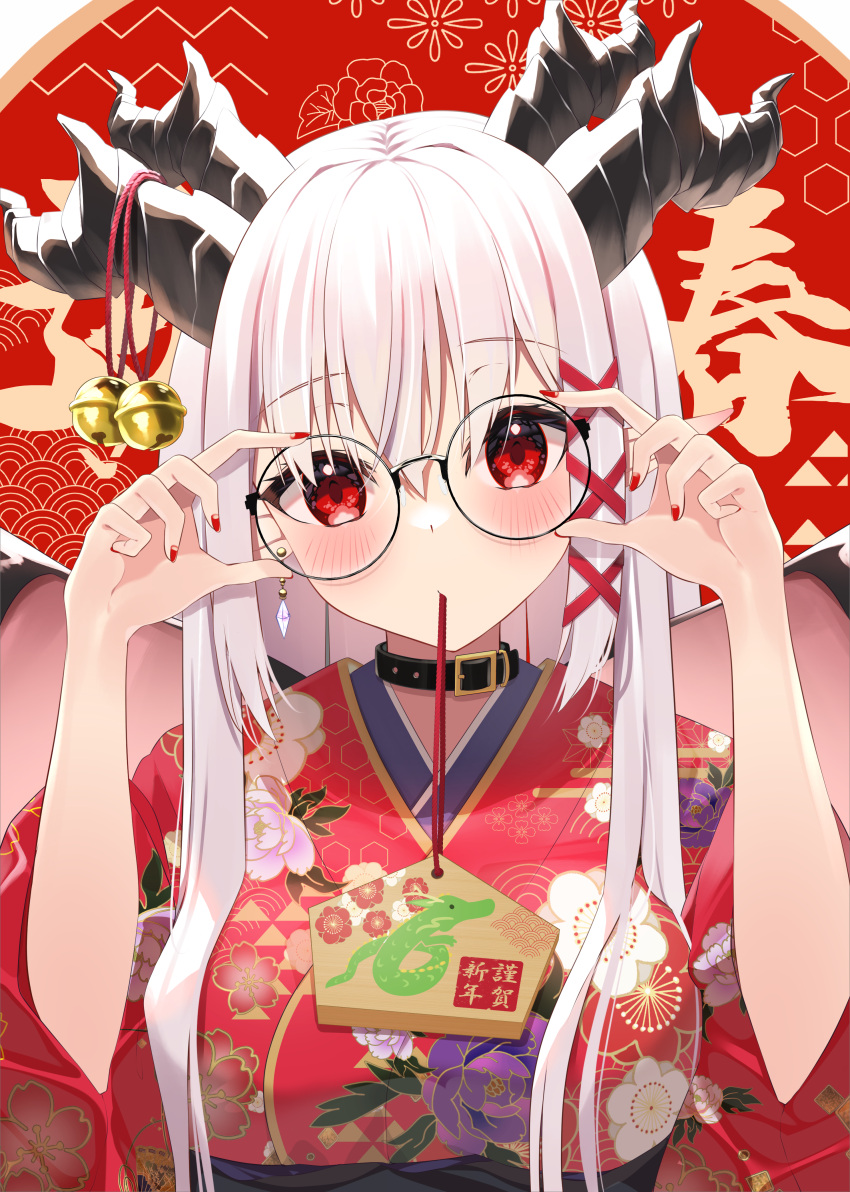 1girl 2024 absurdres adjusting_eyewear bell black_choker blush borumete breasts chinese_zodiac choker commentary_request dragon_girl dragon_horns dragon_wings earrings ema glasses hair_between_eyes hair_ribbon highres horns japanese_clothes jewelry kimono long_hair medium_breasts mouth_hold nail_polish original red_eyes red_kimono red_nails ribbon round_eyewear sidelocks solo upper_body white_hair wings year_of_the_dragon