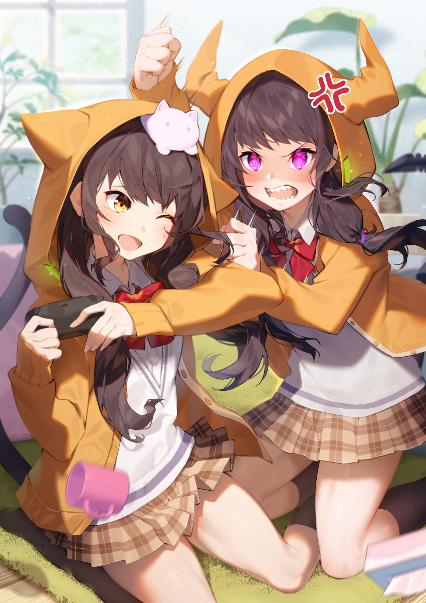 2girls absurdres anger_vein animal_hood animal_on_head anywhere_knock asakura_karen_(heaven_burns_red) blush bow bowtie brown_hair brown_skirt brown_thighhighs cat_tail clenched_hand collared_shirt controller cup dual_persona furrowed_brow game_controller heaven_burns_red highres holding holding_controller hood hood_up hooded_jacket indoors jacket long_hair long_sleeves looking_at_another motion_lines multiple_girls on_head one_eye_covered open_mouth orange_jacket plaid plaid_skirt red_bow red_bowtie shaded_face sharp_teeth shirt skirt tail teeth thigh-highs twintails upper_body v-shaped_eyebrows white_shirt yellow_eyes