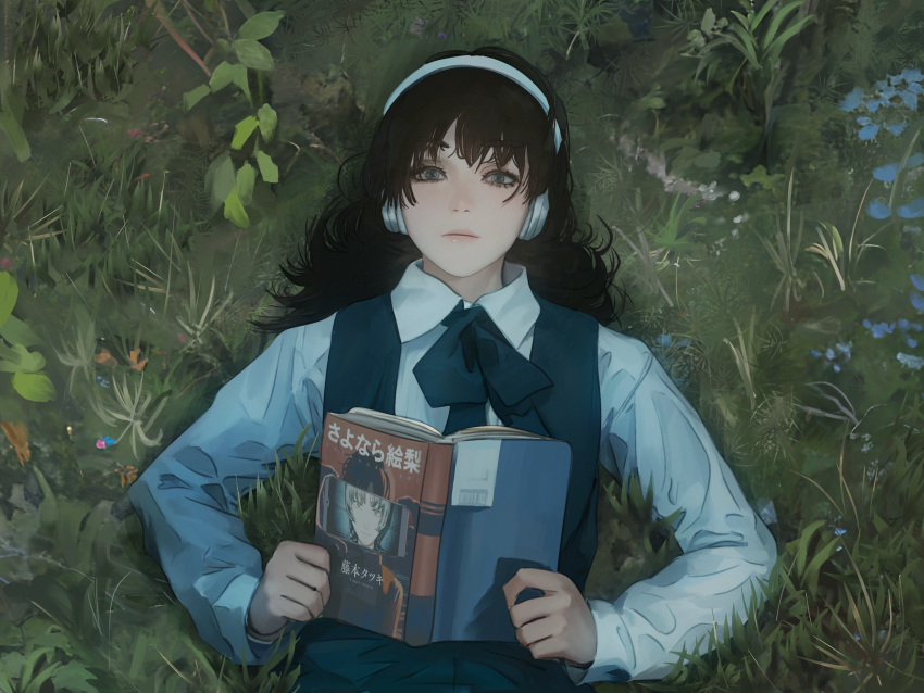 1girl absurdres black_hair black_neckerchief black_overalls book cellphone chainsaw_man chinese_commentary collared_shirt commentary creator_connection eri_(sayonara_eri) expressionless flower from_above grass green_eyes grey_eyes grey_hair headphones highres holding holding_book lips long_sleeves looking_at_viewer lying making-of_available manga_(object) medium_hair mitaka_asa movie_reference neckerchief on_back on_grass open_book overall_skirt overalls parasite_in_love phone plant sayonara_eri school_uniform shirt smartphone solo straight-on upper_body white_headphones white_shirt yao_liao_wang