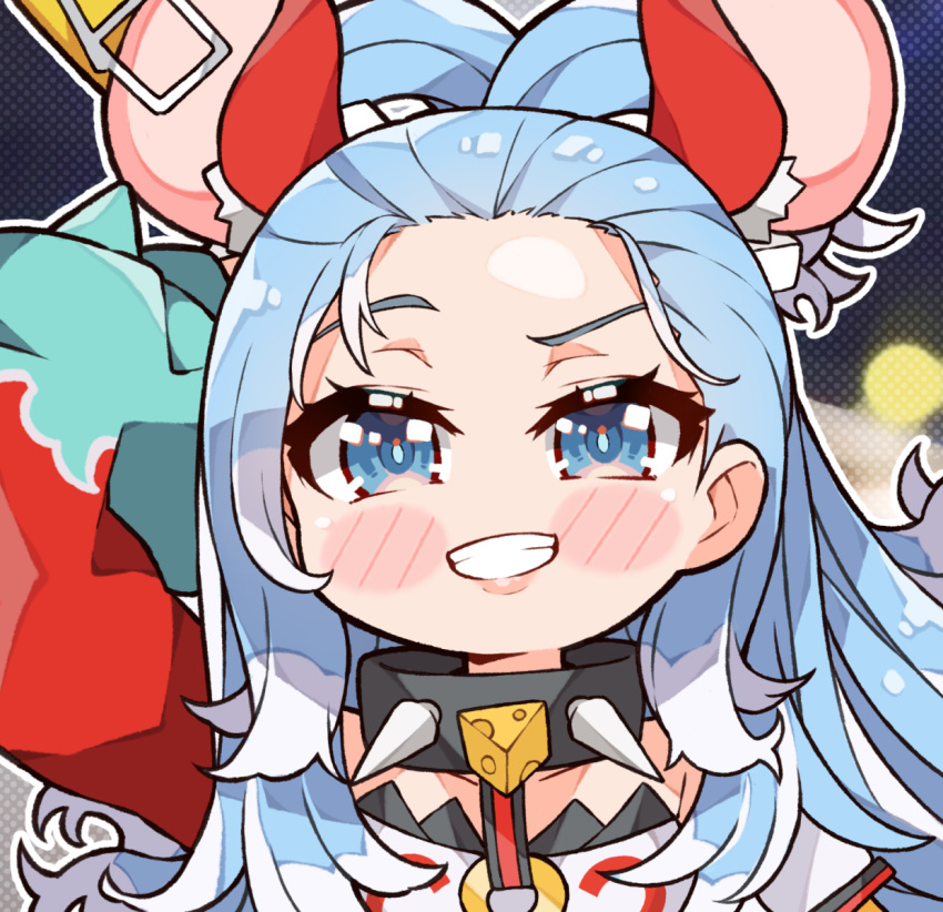 1girl animal_ears black_collar blue_eyes blue_hair blush collar cosplay cropped_shirt fake_animal_ears hakos_baelz hakos_baelz_(1st_costume) hakos_baelz_(cosplay) highres hololive hololive_english hololive_indonesia kobo_kanaeru kukie-nyan long_hair looking_at_viewer mouse_ears red_sleeves shirt smile solo spiked_collar spikes strapless virtual_youtuber white_shirt