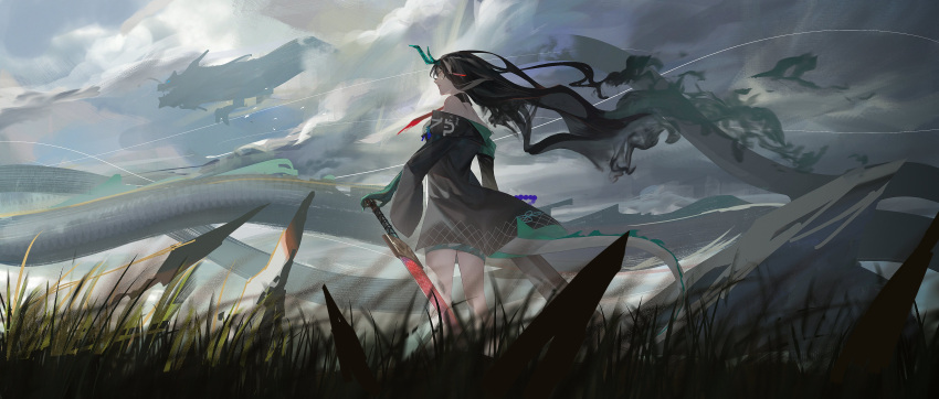 1girl 1other absurdres arknights black_hair character_request clouds cloudy_sky dragon dragon_girl dragon_horns dragon_tail dusk_(arknights) earrings english_commentary from_below grass highres holding holding_sheath holding_sword holding_weapon horns jewelry planted planted_sword pointy_ears profile scabbard sheath sky sword tail tmt weapon