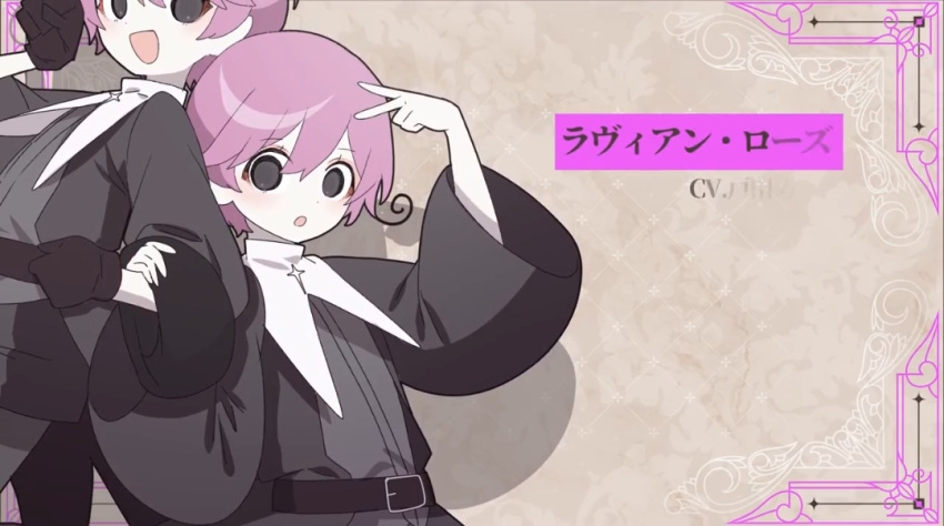 122pxsheol 2girls :o belt black_coat black_eyes blank_eyes coat cropped cross cross_necklace expressionless happy_saint_sheol holding_another's_arm jewelry lavieen_rose multiple_girls necklace pink_hair screenshot short_hair side_ahoge tareme v wide_sleeves