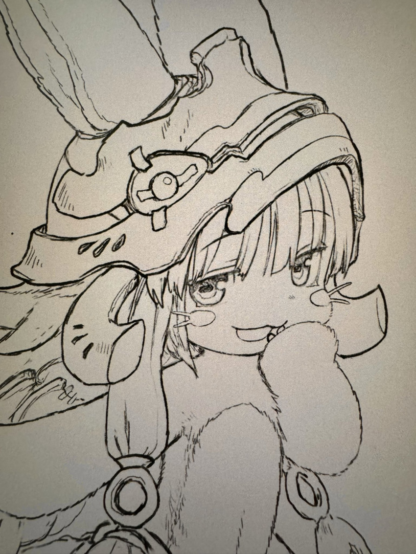 1other animal_ears animal_hands blunt_bangs blush_stickers commentary_request furry furry_other hand_on_own_chin helmet highres lineart long_hair looking_at_viewer made_in_abyss nanachi_(made_in_abyss) open_mouth photo_(medium) rabbit_ears sketch smile solo topless_other traditional_media tsukushi_akihito upper_body whiskers