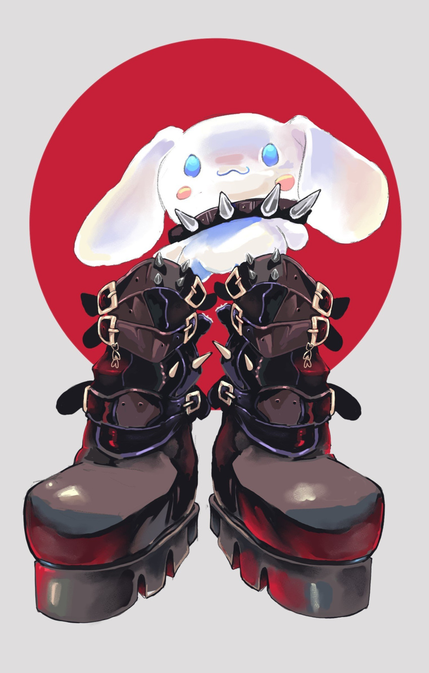 animal_ears artcher_artwork belt_boots black_collar black_footwear blue_eyes boots cinnamoroll collar commentary english_commentary full_body highres looking_at_viewer no_humans platform_boots platform_footwear rabbit rabbit_ears sanrio solo spiked_collar spiked_footwear spikes standing