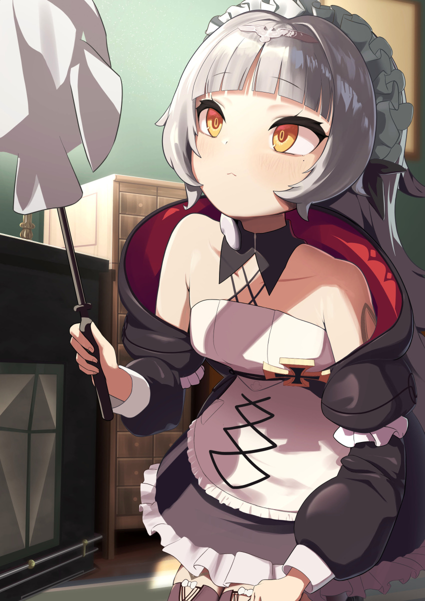 1girl :&lt; absurdres alternate_costume apron azur_lane black_bow black_dress black_thighhighs blunt_bangs bow chun_koro closed_mouth cross dress duster enmaided feather_duster frilled_dress frills grey_hair hair_bow headpiece highres holding holding_duster iron_cross kneeling long_hair maid maid_apron maid_headdress official_alternate_costume solo thigh-highs very_long_hair white_apron white_bow yellow_eyes z46_(azur_lane) z46_(chronicles_of_the_dust_wars)_(azur_lane)
