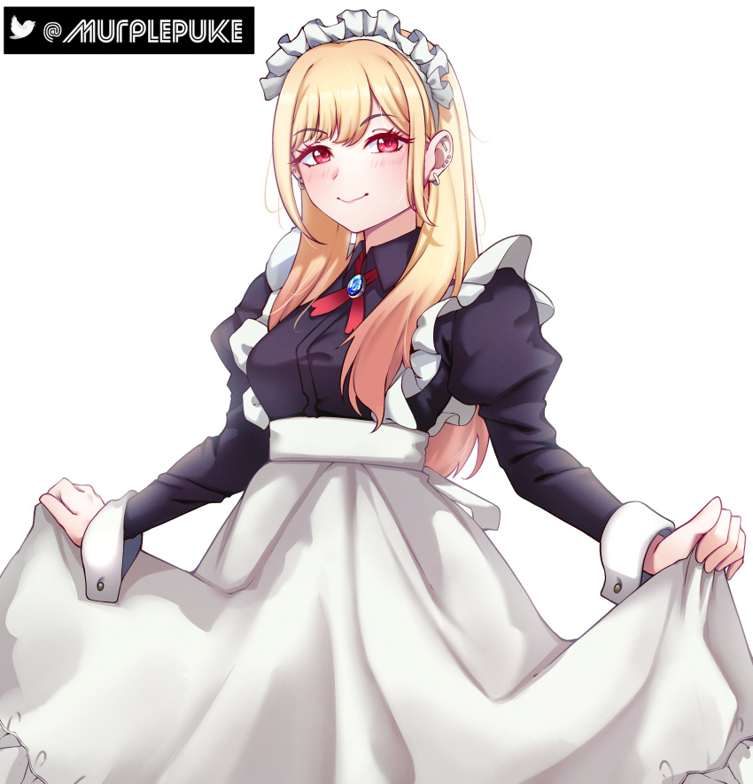 1girl absurdres apron artist_name black_dress blonde_hair commentary dress ear_piercing earrings english_commentary gradient_hair highres industrial_piercing jewelry kitagawa_marin long_hair long_sleeves looking_at_viewer maid maid_apron maid_headdress multicolored_hair murplepuke piercing puffy_long_sleeves puffy_sleeves red_eyes redhead simple_background solo sono_bisque_doll_wa_koi_wo_suru standing swept_bangs twitter_username watermark white_background white_wrist_cuffs