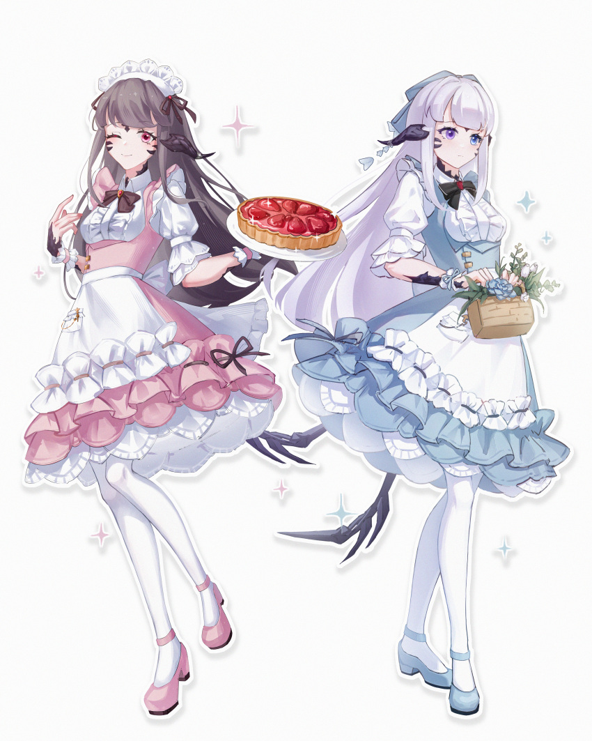 2girls absurdres apron au_ra basket blue_dress blue_eyes blue_flower blue_footwear brown_hair dragon_horns dragon_tail dress eyebrows_hidden_by_hair final_fantasy final_fantasy_xiv flower flower_basket food frilled_dress frills full_body hair_ribbon heterochromia highres holding holding_basket holding_plate horns long_hair looking_at_viewer looking_to_the_side maid maid_apron maid_headdress mianyue_qianyu multiple_girls one_eye_closed pantyhose pie pink_dress pink_eyes pink_footwear plate ribbon scales scrunchie sparkle standing standing_on_one_leg tail violet_eyes warrior_of_light_(ff14) white_background white_pantyhose wrist_scrunchie