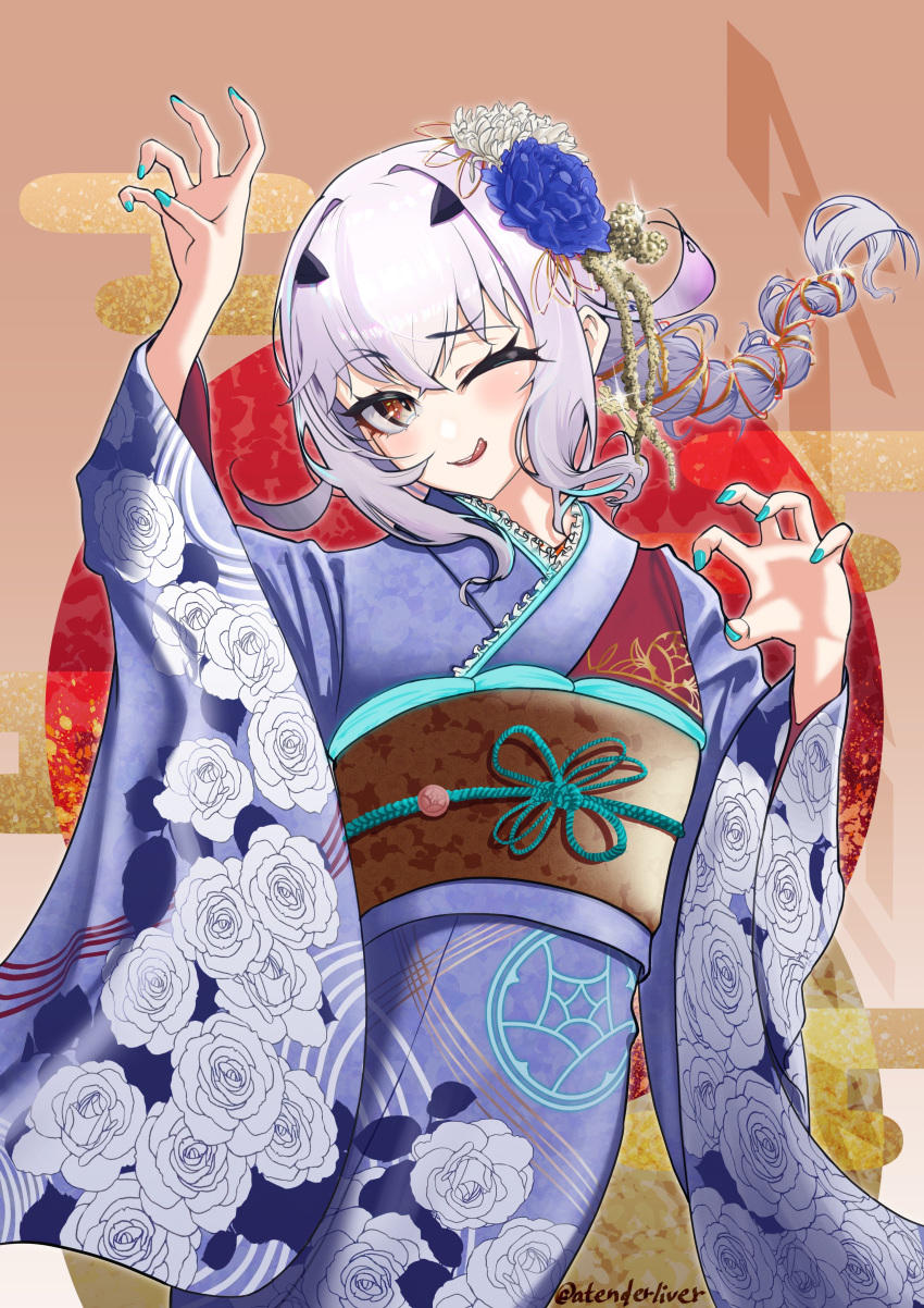 1girl absurdres atenderliver blue_kimono blush breasts fate/grand_order fate_(series) forked_eyebrows highres japanese_clothes kimono long_hair long_sleeves looking_at_viewer melusine_(fate) obi one_eye_closed open_mouth ponytail sash sidelocks small_breasts smile solo white_hair wide_sleeves yellow_eyes