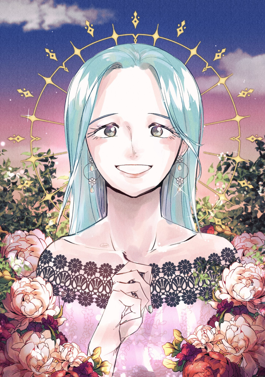 1girl blue_hair brown_eyes close-up commentary_request dress earrings flower forehead highres jewelry long_hair looking_at_viewer mnya_op nefertari_vivi one_piece plant rose sky smile solo strapless strapless_dress upper_body