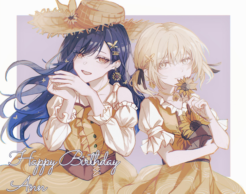 2girls azusawa_kohane black_ribbon blonde_hair blue_hair border brown_eyes brown_headwear butterfly_hair_ornament buttons character_name closed_mouth commentary cross-laced_clothes cursive dark_blue_hair dress earrings flower flower_earrings frilled_sleeves frills gold_earrings hair_ornament hair_ribbon hairclip happy_birthday hat hat_flower highres holding holding_flower jewelry long_hair long_sleeves looking_at_viewer makino_chisato multiple_girls open_mouth orange_dress orange_eyes ornate_border project_sekai puffy_short_sleeves puffy_sleeves purple_background ribbon shiraishi_an short_hair short_sleeves short_twintails simple_background single_bare_shoulder smile sun_hat sunflower twintails upper_body white_border white_sleeves