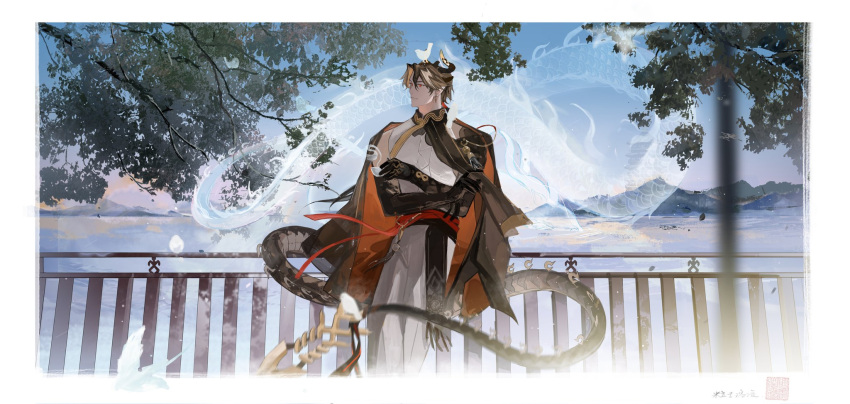1boy against_railing arknights blue_sky branch chinese_commentary chinese_text chong_yue_(arknights) clear_sky commentary_request dragon dragon_boy dragon_horns dragon_tail highres horns lake male_focus mountainous_horizon multicolored_hair pointy_ears railing red_eyes sky somnolence_(hranxy) tail translation_request tree