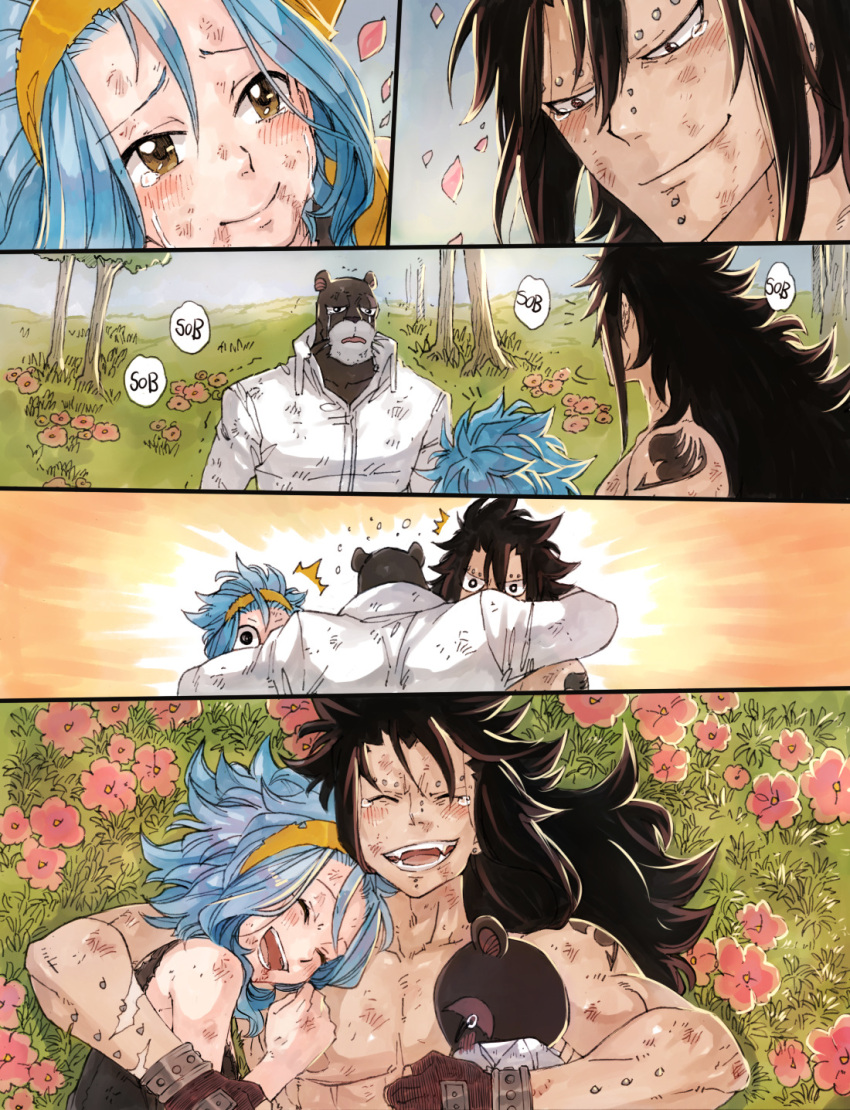 1girl 2boys ^_^ arm_tattoo bad_id bad_tumblr_id blue_background blue_hair blush closed_eyes commentary crying english_commentary fairy_tail fangs flower gajeel_redfox gloves grass hairband highres hug levy_mcgarden long_hair looking_at_another multiple_boys orange_background pink_flower profile rusky scar scar_on_arm shirt smile sweater tattoo torso tree turtleneck turtleneck_sweater white_shirt yellow_hairband