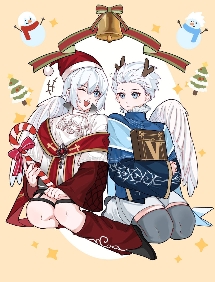 aged_down bishounen bizhiyouran blue_eyes book child christmas dante_(devil_may_cry) devil_may_cry_(series) hair_between_eyes hair_slicked_back hat highres holding holding_book long_hair male_focus merry_christmas multiple_boys one_eye_closed santa_hat smile vergil_(devil_may_cry) white_hair wings
