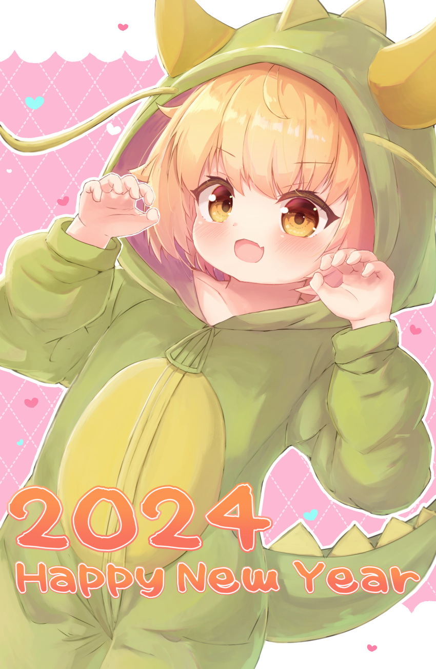 1girl 2024 absurdres animal_costume bemani brown_eyes butterfly_cat chrocatz claw_pose commentary_request cosplay cowboy_shot dragon_costume dutch_angle fang happy_new_year highres hina_(butterfly_cat) hood hood_up kigurumi looking_at_viewer new_year open_mouth orange_hair short_hair skin_fang solo sound_voltex