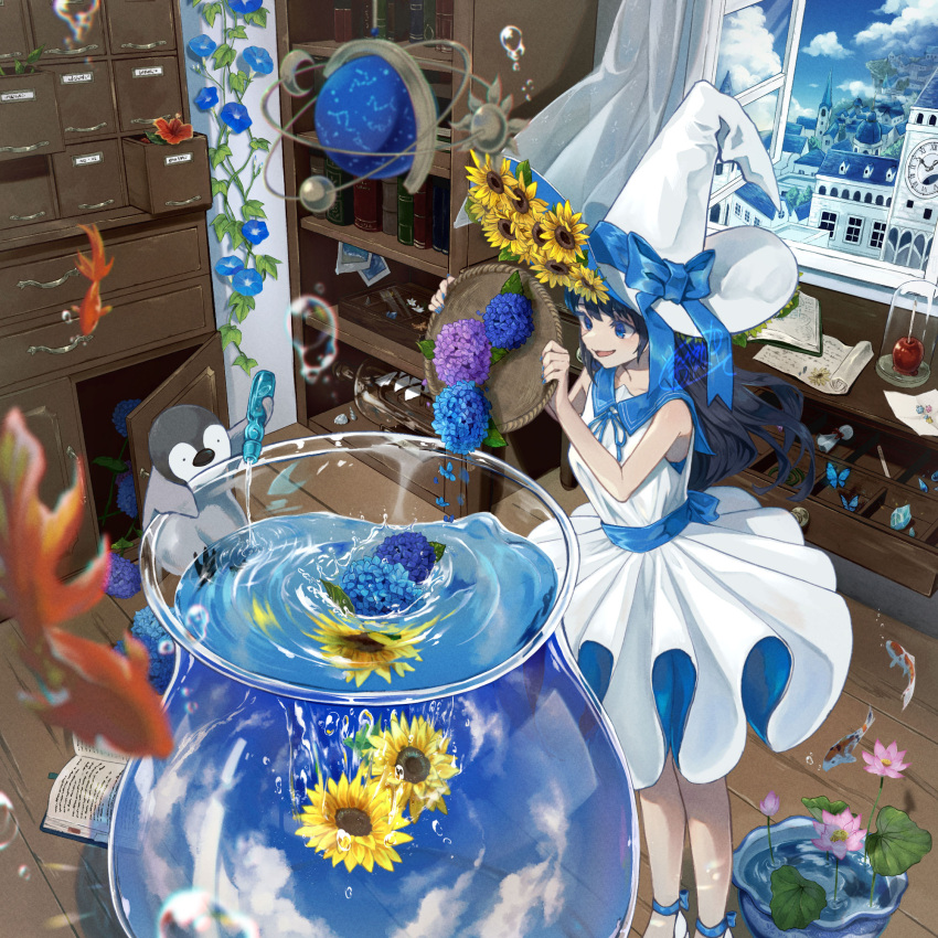1girl armillary_sphere baracan bird black_hair blue_eyes blue_sky book bookshelf bug butterfly candy_apple celestial_globe clock clock_tower clouds collarbone curtains drawer dress european_architecture fish fishbowl flower flying_fish food goldfish hat highres hydrangea long_hair lotus morning_glory nail_polish neck_ribbon open_mouth original penguin pouring ramune ribbon sailor_collar scenery ship_in_a_bottle sky sleeveless sleeveless_dress solo sundress sunflower tower water witch witch_hat