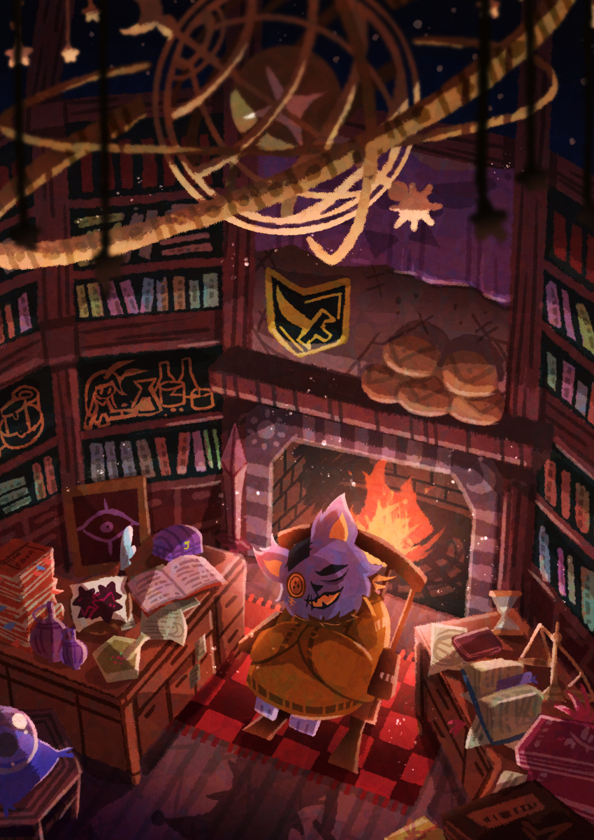 1boy absurdres armillary_sphere body_fur book book_stack bookshelf button_eyes commentary_request crystal_ball deltarune desk different_shadow drawer emblem fire fireplace from_above furry furry_male highres hourglass indoors long_sleeves on_chair one_eye_closed open_book orange_sweater purple_fur quill rug scenery seam_(deltarune) sitting solo stitched_mouth stitches sweater watawata22 wide_shot