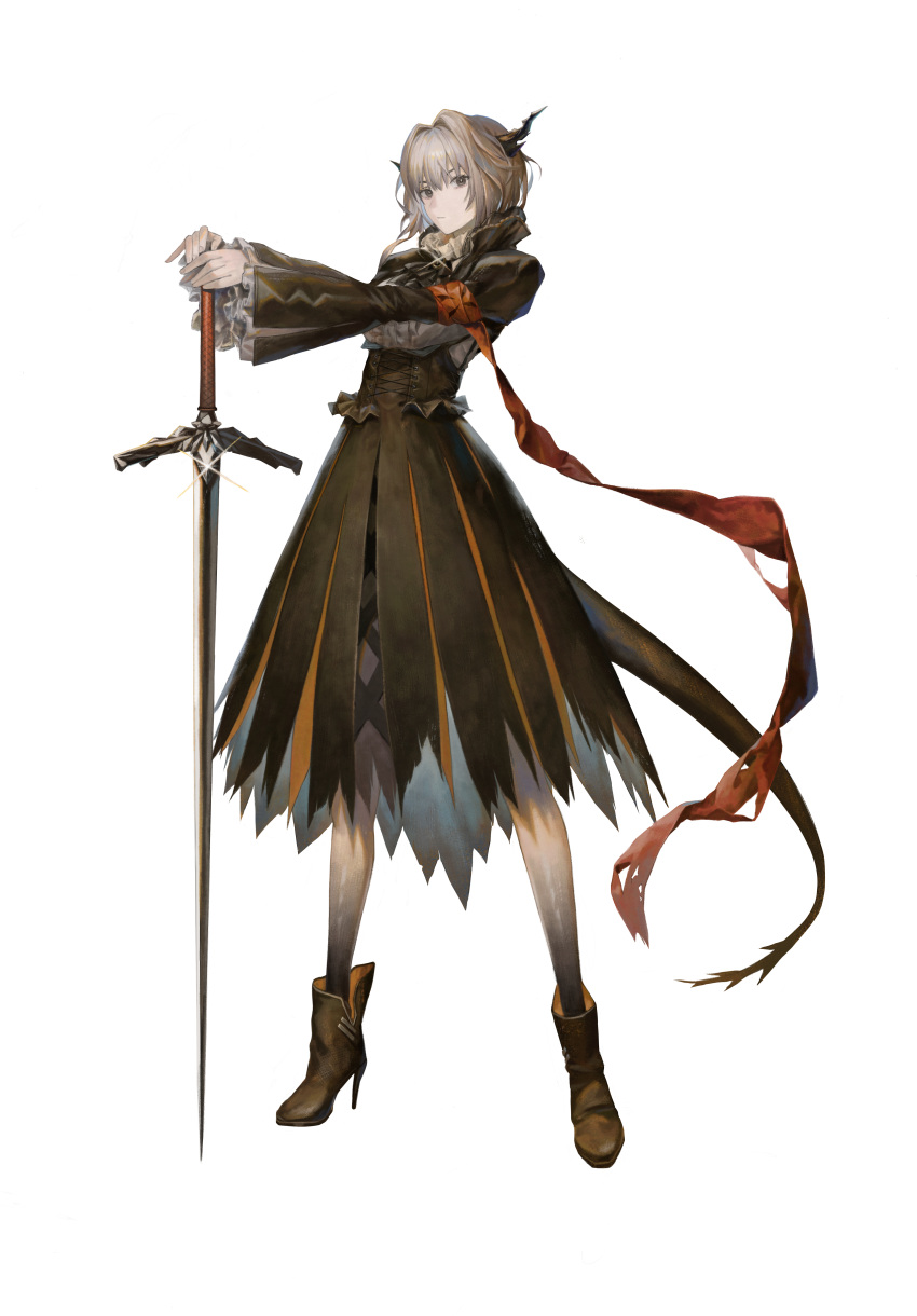 1girl absurdres arknights armband black_dress boots brown_footwear dragon_girl dragon_horns dragon_tail dress frilled_sleeves frills full_body glint grey_eyes grey_hair highres holding holding_sword holding_weapon horns long_sleeves orange_ribbon reunion_logo_(arknights) ribbon simple_background solo standing subfiction sword tachi-e tail talulah_(arknights) weapon white_background