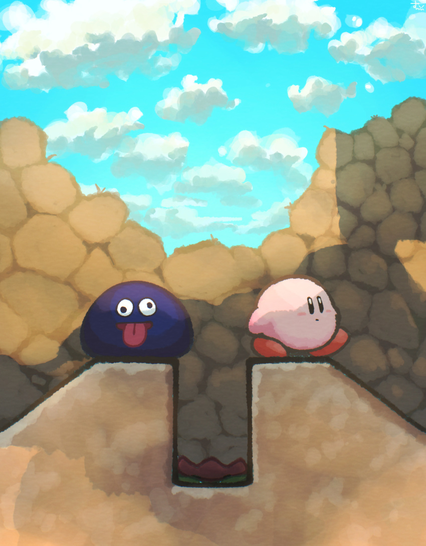 1boy 1other absurdres blue_skin blue_sky clouds colored_skin flower gooey_(kirby) highres kirby kirby's_dream_land_3 kirby_(series) looking_at_viewer no_humans sky solid_oval_eyes suyasuyabi tongue tongue_out tulip tulip_(kirby) wall-eyed