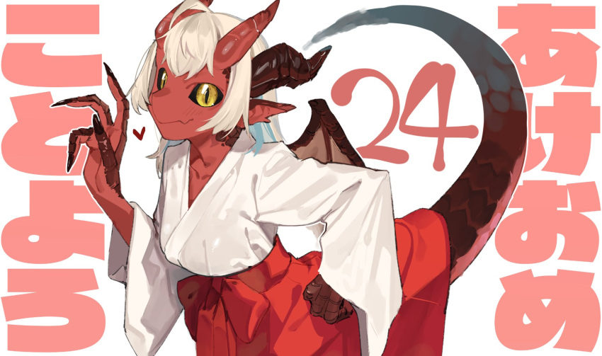 1girl black_nails black_sclera breasts colored_sclera colored_skin dragon_horns dragon_tail fingernails heart highres horns japanese_clothes kimono large_breasts long_hair long_sleeves muchi_maro nail_polish original pink_background pointy_ears red_skin sharp_fingernails smile solo tail translation_request white_background white_hair yellow_eyes