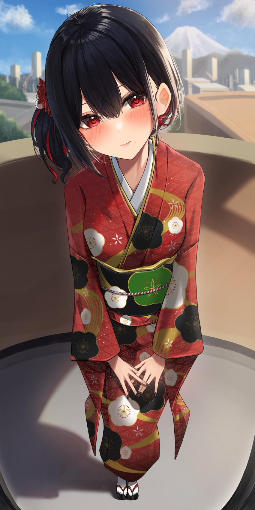 1girl absurdres amane_sora black_hair black_nails closed_mouth commentary_request day full_body heart heart-shaped_pupils highres japanese_clothes kimono long_sleeves looking_at_viewer mole mole_under_mouth multicolored_hair obi okobo original pov_doorway red_eyes red_kimono redhead sandals sash short_hair socks solo standing streaked_hair symbol-shaped_pupils white_socks wide_sleeves
