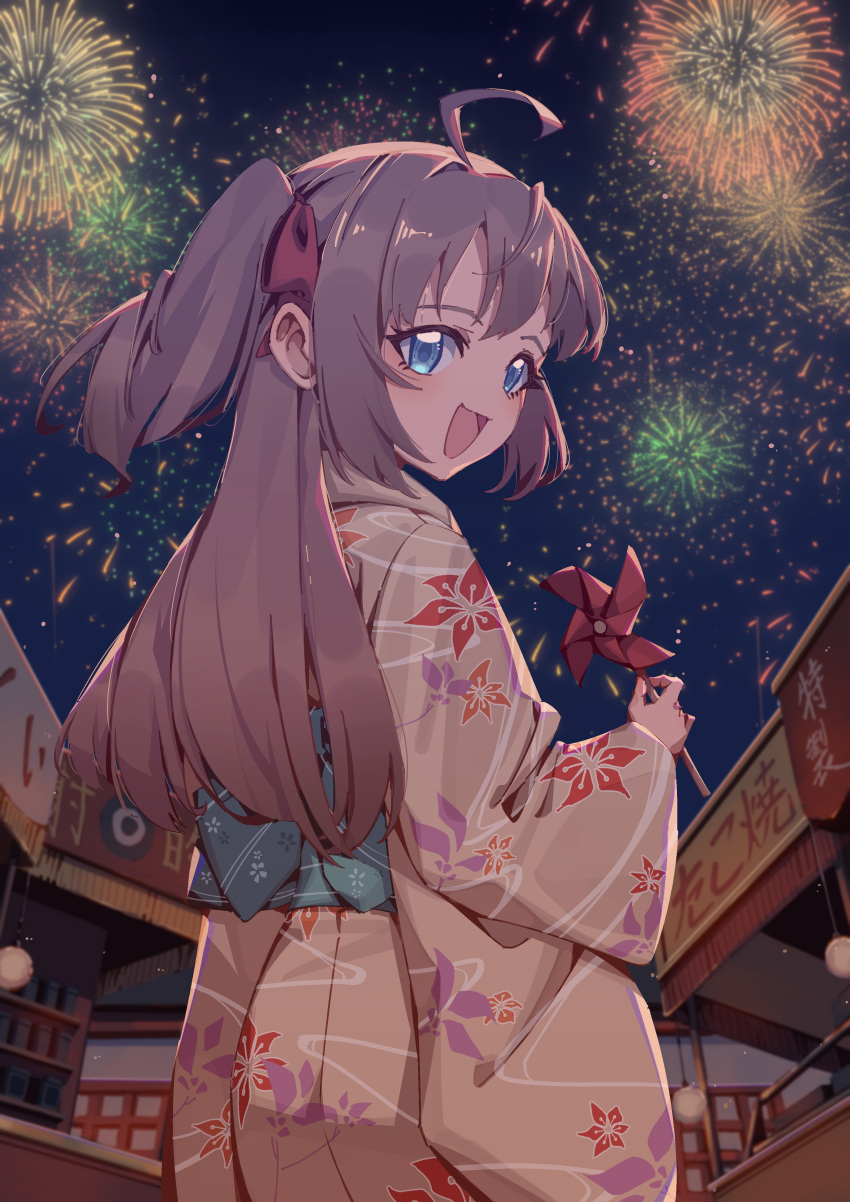 1girl :d absurdres ahoge blue_eyes brown_hair chinese_commentary commentary english_commentary fireworks from_behind highres indie_virtual_youtuber japanese_clothes kimono long_hair long_sleeves looking_at_viewer looking_back mixed-language_commentary neuro-sama new_year night obi open_mouth pink_kimono pinwheel rune_(dualhart) sash smile solo two_side_up virtual_youtuber