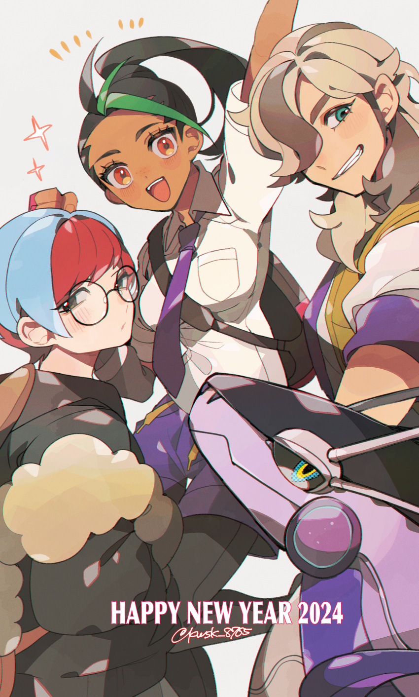 1boy 2024 2girls :d arm_up arven_(pokemon) black_hair blush breast_pocket breasts closed_mouth collared_shirt commentary_request eyelashes glasses green_eyes green_hair grin hair_over_one_eye happy_new_year highres hood hoodie kawasaki_(kwsk_8765) long_hair miraidon multicolored_hair multiple_girls necktie nemona_(pokemon) open_mouth orange_eyes pantyhose penny_(pokemon) pocket pokemon pokemon_(creature) pokemon_sv purple_necktie round_eyewear shirt short_sleeves shorts smile sparkle teeth two-tone_hair upper_teeth_only