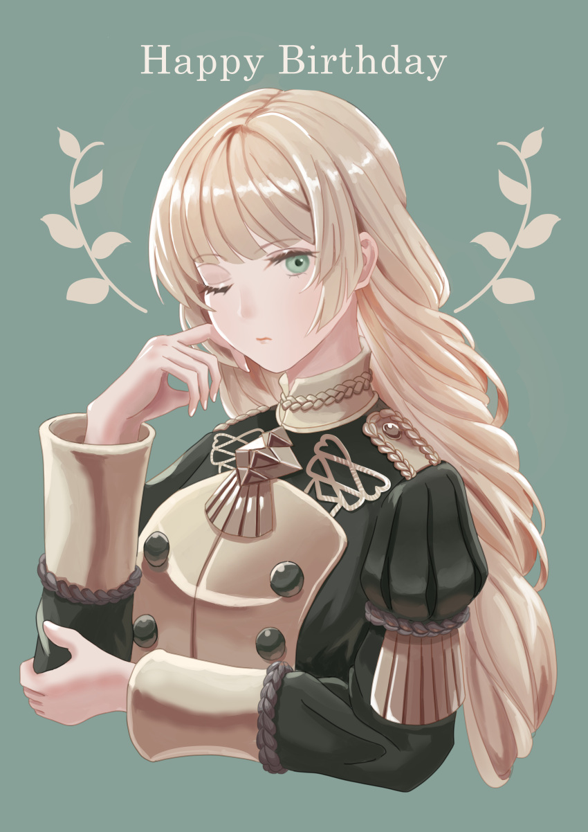 1girl absurdres black_dress blonde_hair braid braided_ponytail closed_mouth commentary cropped_torso dangouo_ty dress finger_to_cheek fire_emblem fire_emblem:_three_houses garreg_mach_monastery_uniform gold_trim green_eyes hand_on_own_elbow hand_up happy_birthday highres ingrid_brandl_galatea juliet_sleeves long_hair long_sleeves looking_at_viewer one_eye_closed puffy_sleeves simple_background solo uniform upper_body