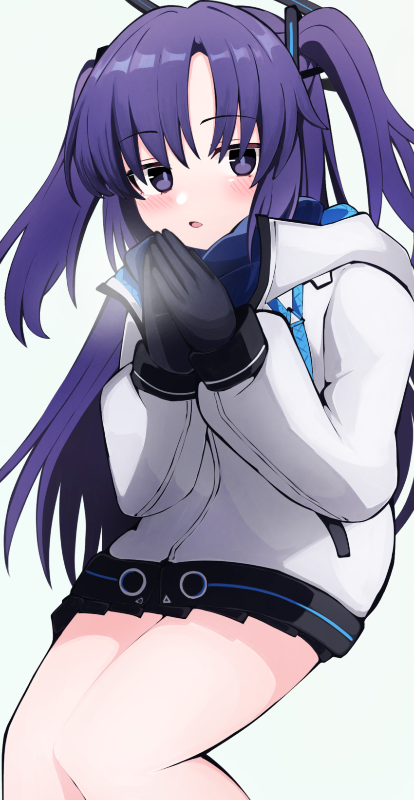 1girl black_halo blue_archive blue_eyes cold halo highres jacket long_hair long_sleeves looking_at_viewer solo thighs two_side_up violet_eyes white_jacket yun_(kbdenz9) yuuka_(blue_archive)