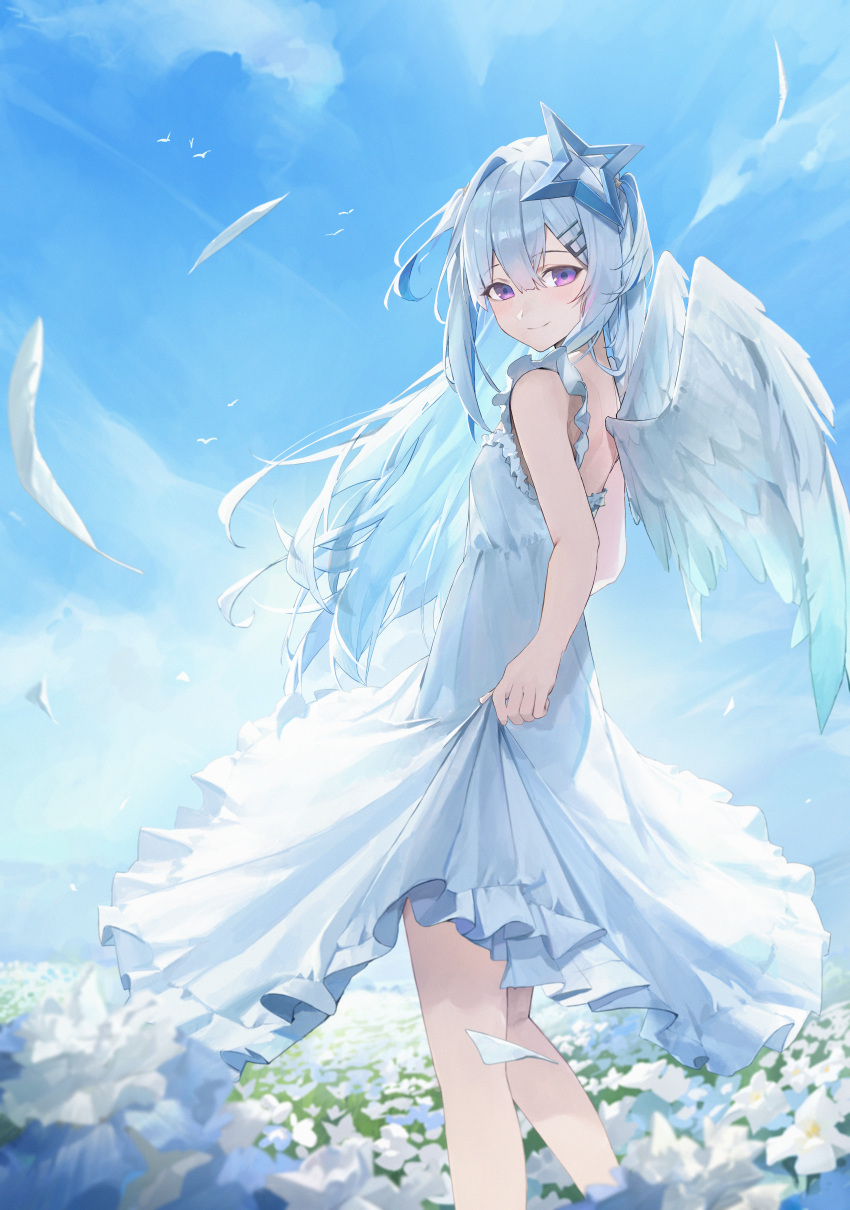 1girl absurdres alternate_costume amane_kanata angel angel_wings blue_sky commentary_request dress enokinoko1010 field flower flower_field hair_ornament hairpin halo highres hololive long_hair looking_at_viewer sky smile solo star_halo violet_eyes virtual_youtuber white_dress white_flower wings