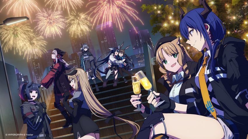 6+girls amiya_(arknights) animal_ears arknights beanie beret black_gloves black_hair black_headwear black_jacket black_pantyhose black_shirt black_shorts black_skirt black_thighhighs blaze_(arknights) blonde_hair building cat_ears cat_girl ch'en_(arknights) cityscape collared_shirt cropped cup demon_girl demon_horns diamond-shaped_pupils diamond_(shape) dragon_girl dragon_horns dutch_angle earpiece ears_through_headwear elbow_gloves fang feather_hair fingerless_gloves fireworks fox_ears fox_girl frostleaf_(arknights) gloves green_eyes grey_hair grey_sweater greythroat_(arknights) hairband hat headphones headset highres holding holding_cup hood hood_down hooded_jacket horns hug implied_extra_ears jacket jessica_(arknights) knee_pads lamppost lights long_hair looking_at_another looking_at_viewer looking_up meteorite_(arknights) multiple_girls necktie night official_art official_wallpaper open_clothes open_jacket open_mouth outdoors pantyhose pointy_ears ponytail rabbit_ears rabbit_girl red_eyes red_hairband red_jacket ribbed_sweater shirt shirt_tucked_in short_hair shorts sitting skirt sky skyscraper smile stairs standing sweater swire_(arknights) symbol-shaped_pupils thigh-highs thighs toasting_(gesture) tree very_long_hair white_shirt yellow_necktie