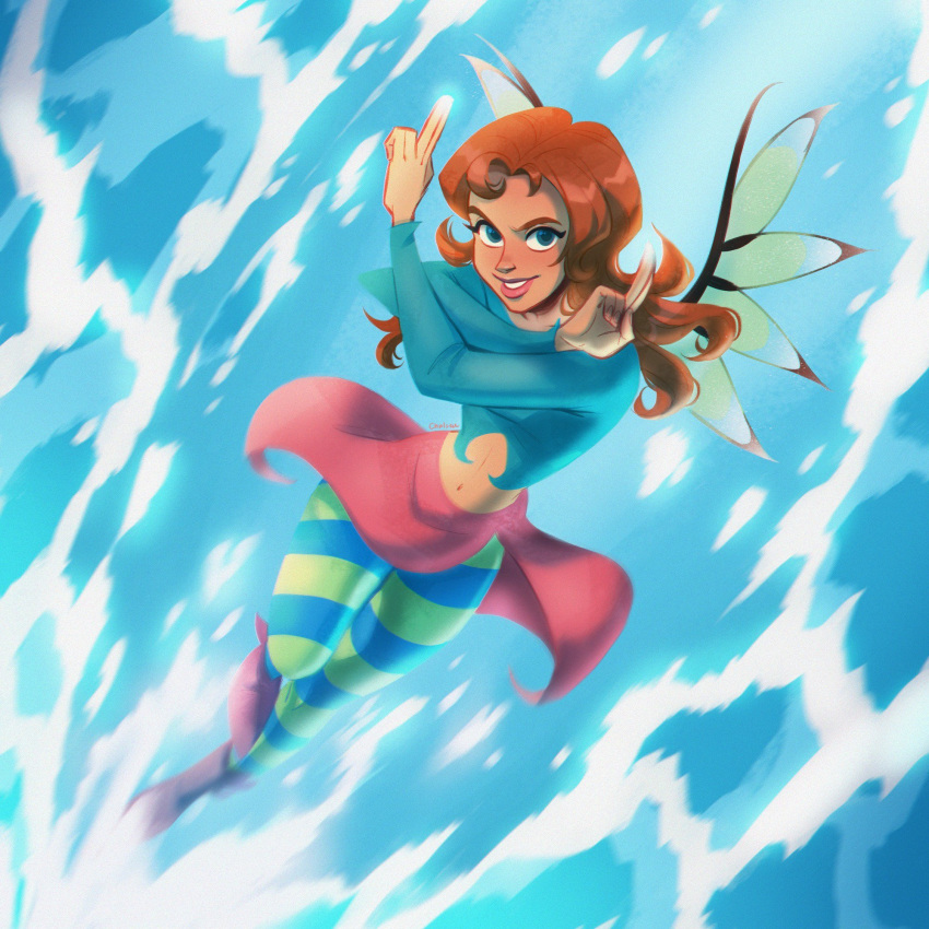 1girl boots chalseu commentary crop_top crossed_arms highres irma_lair long_hair long_sleeves looking_at_viewer midriff navel pantyhose purple_footwear smile solo striped striped_pantyhose symbol-only_commentary w.i.t.c.h. water wings