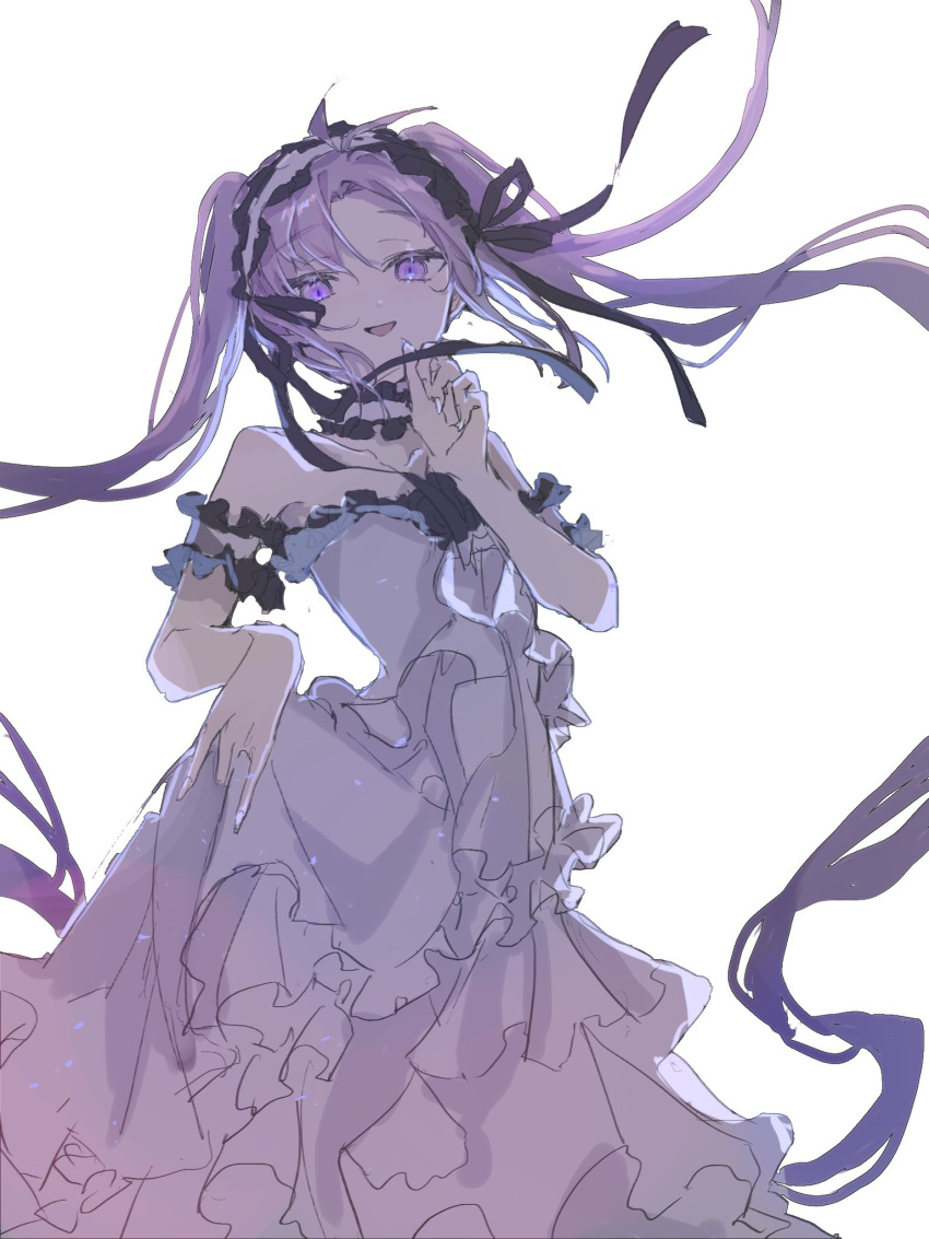 armband backlighting dress fate/grand_order fate_(series) frilled_armband frilled_hairband frills hair_ribbon hairband headdress highres lolita_hairband looking_at_viewer modotteku parted_bangs petite purple_hair ribbon ribbon-trimmed_hairband smile stheno_(fate) strapless strapless_dress twintails violet_eyes white_background white_dress
