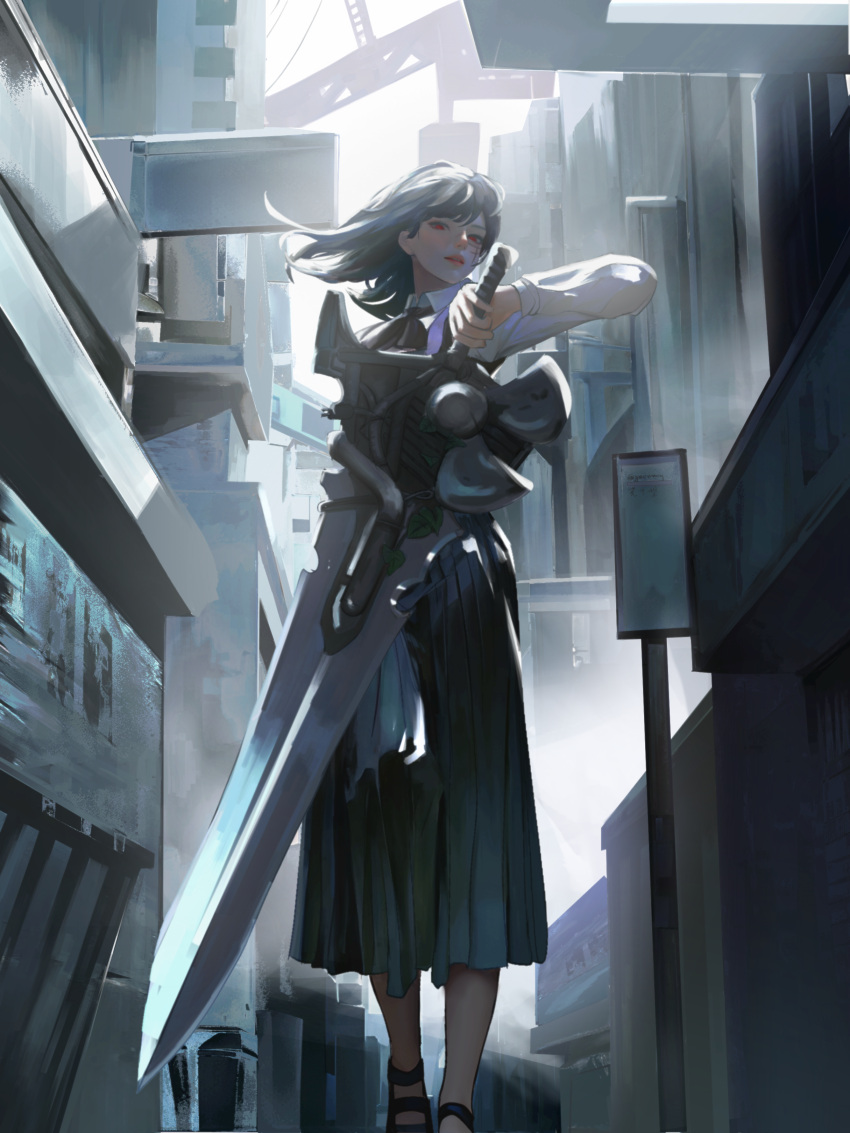 1girl absurdres black_footwear black_hair black_neckerchief black_skirt building chainsaw_man chinese_commentary city collared_shirt commentary floating_hair foot_out_of_frame highres holding holding_sword holding_weapon huge_weapon ivy long_skirt long_sleeves looking_at_viewer looking_down medium_hair neckerchief parted_lips pleated_skirt red_eyes sandals scar scar_on_face school_uniform shirt sign skirt skyscraper solo suspension_bridge sword war_devil_(chainsaw_man) weapon white_shirt yao_liao_wang