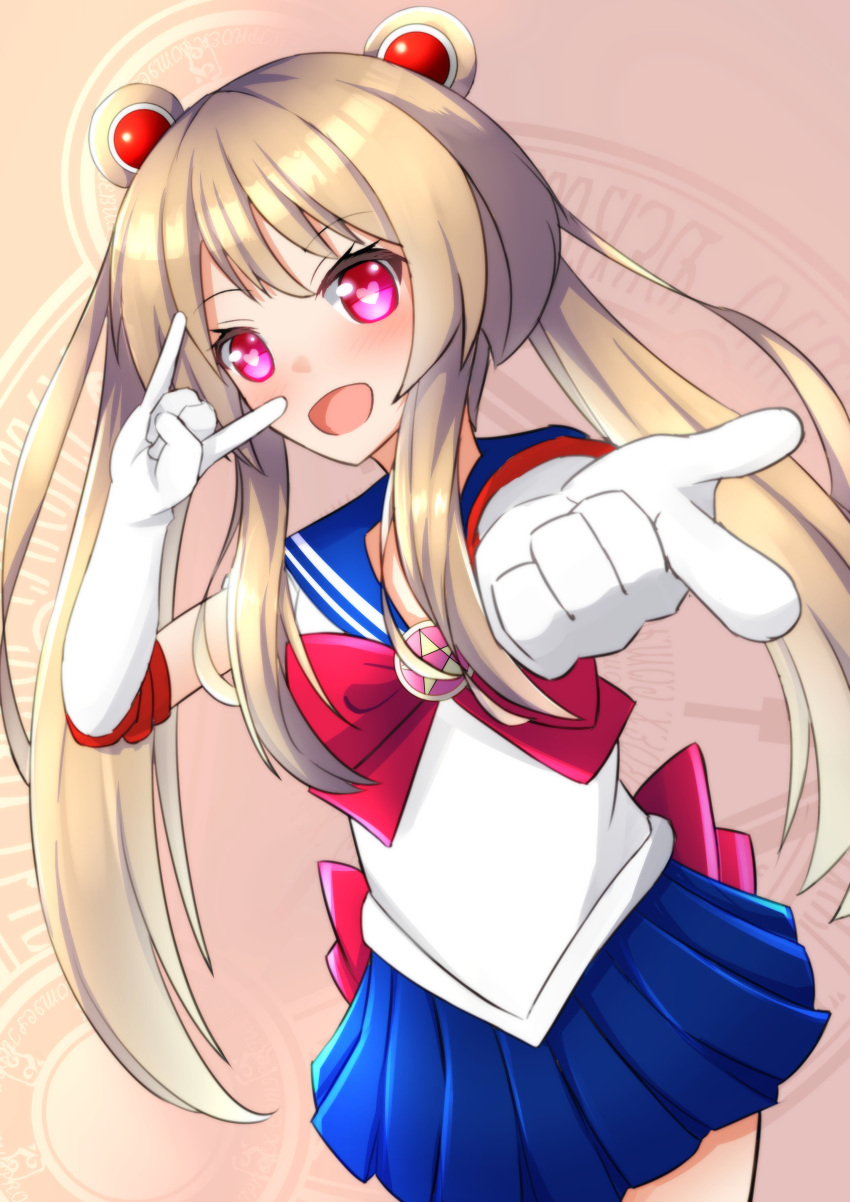 1girl absurdres bishoujo_senshi_sailor_moon blonde_hair blue_sailor_collar borrowed_hairstyle bow chaos_marie_(grimms_notes) cosplay elbow_gloves gloves grimms_notes hama_(daisekken) heart heart-shaped_pupils highres long_hair pink_eyes red_bow ribbon sailor_collar sailor_moon sailor_moon_(cosplay) solo symbol-shaped_pupils twintails