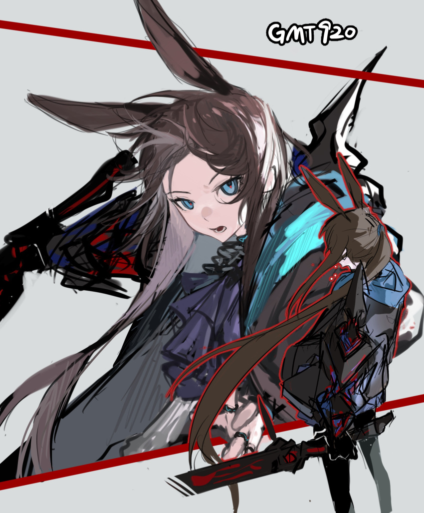 1girl absurdres amiya_(arknights) amiya_(guard)_(arknights) animal_ears arknights ascot black_collar black_jacket black_pantyhose blue_ascot blue_eyes brown_hair collar extra_ears grey_background highres holding holding_sword holding_weapon infection_monitor_(arknights) jacket looking_at_viewer official_alternate_costume open_clothes open_jacket open_mouth pantyhose ponytail rabbit_ears rabbit_girl shirt simple_background solo sword weapon white_shirt xiaorang217