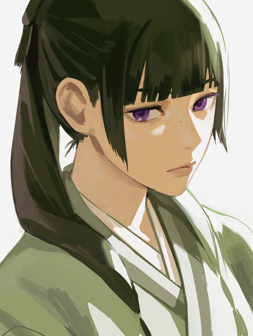 1girl absurdres black_hair blunt_bangs chinese_clothes commentary english_commentary expressionless freckles hanfu highres kusuriya_no_hitorigoto looking_at_viewer maomao_(kusuriya_no_hitorigoto) multi-tied_hair portrait profile solo unfinished uqi32 violet_eyes
