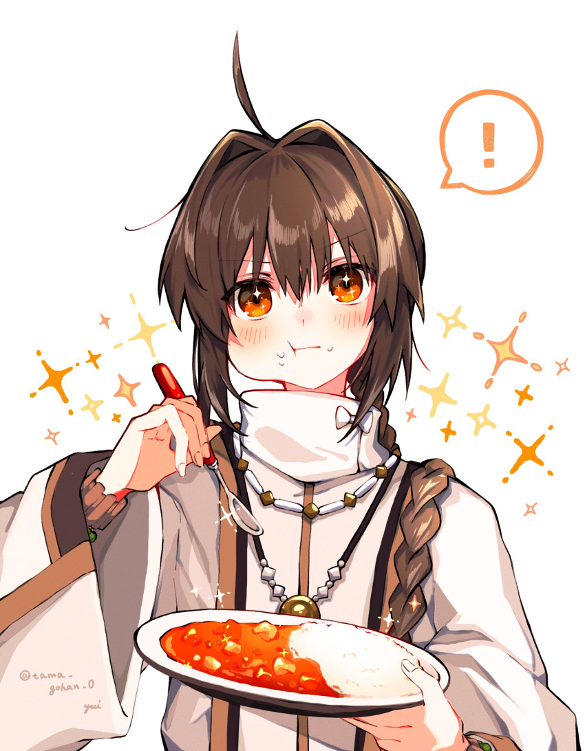 ! 1other ahoge amulet androgynous black_hair bracelet braid braided_ponytail curry curry_rice eating fate/grand_order fate/samurai_remnant fate_(series) food food_on_face hair_intakes highres holding holding_plate holding_spoon japanese_clothes jewelry orange_eyes plate rice rice_on_face saber_(fate/samurai_remnant) solo sparkle spoken_exclamation_mark spoon white_background yui_(tamagohan)