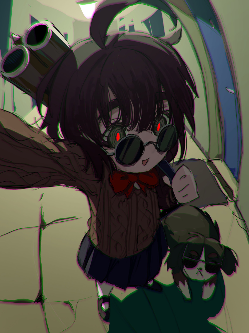 &gt;:( 1girl :d @_@ absurdres ahoge arm_up bell_ringing black_hair blind_girl_(popopoka) bow bowtie cable_knit carrying chromatic_aberration dog double-barreled_shotgun foreshortening from_above glowing glowing_eyes green_eyes gun highres holding_strap indoors jean_bomjan knit_sweater looking_over_eyewear medium_hair open_mouth original peeking pleated_skirt pov_peephole red_bow red_bowtie round_eyewear shotgun shoulder_carry skirt smile socks solo sunglasses thick_eyebrows v-shaped_eyebrows weapon white_socks