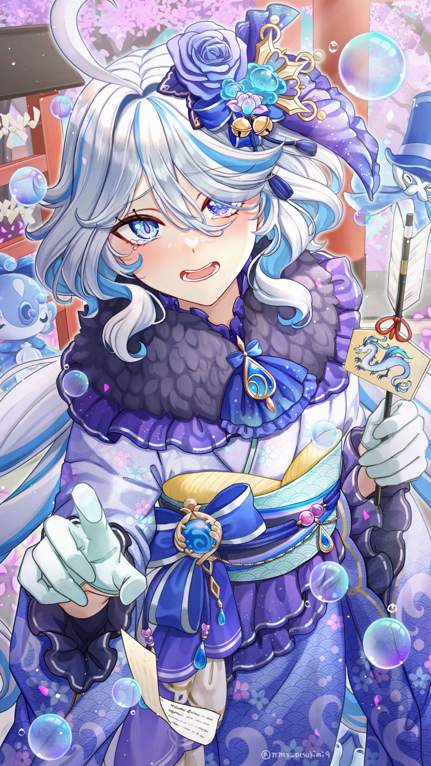 1girl absurdres ahoge air_bubble alternate_costume arrow_(projectile) blue_eyes blue_gemstone blue_hair bubble drop-shaped_pupils flower furina_(genshin_impact) gem genshin_impact gloves hair_between_eyes hair_flower hair_ornament hair_over_one_eye half_gloves highres holding holding_arrow japanese_clothes kimono long_hair long_sleeves looking_at_viewer mismatched_pupils multicolored_hair nyamaso open_mouth outdoors purple_kimono sidelocks streaked_hair tearing_up teeth twitter_username two-tone_hair vision_(genshin_impact) white_gloves white_hair wide_sleeves