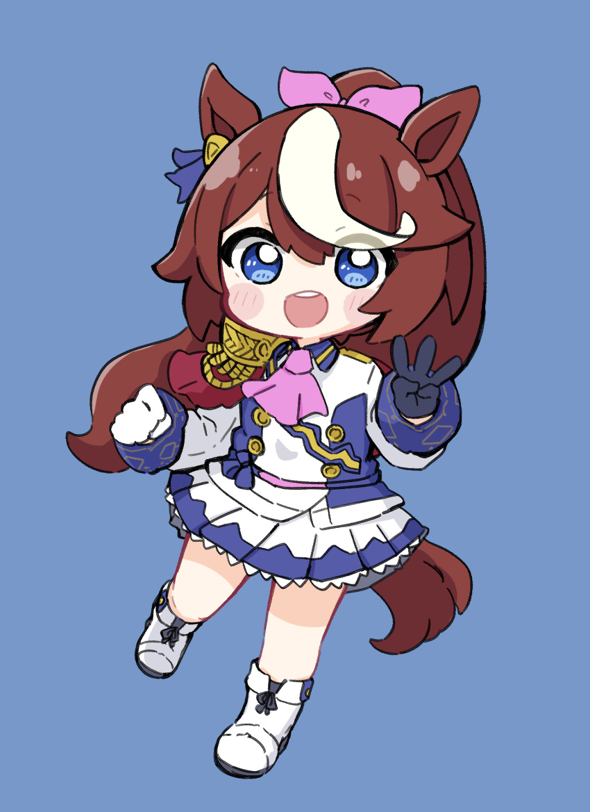 1girl :d animal_ears asymmetrical_gloves black_gloves blue_background blue_eyes blush_stickers boots brown_hair chibi collared_jacket commentary_request epaulettes full_body gloves hair_between_eyes hair_ribbon highres horse_ears horse_girl horse_tail jacket long_hair long_sleeves looking_at_viewer mismatched_gloves multicolored_hair nozo_(hitomiz) pink_ribbon pleated_skirt ponytail ribbon simple_background single_epaulette skirt smile solo standing streaked_hair tail teeth tokai_teio_(umamusume) umamusume upper_teeth_only very_long_hair white_footwear white_gloves white_hair white_jacket white_skirt