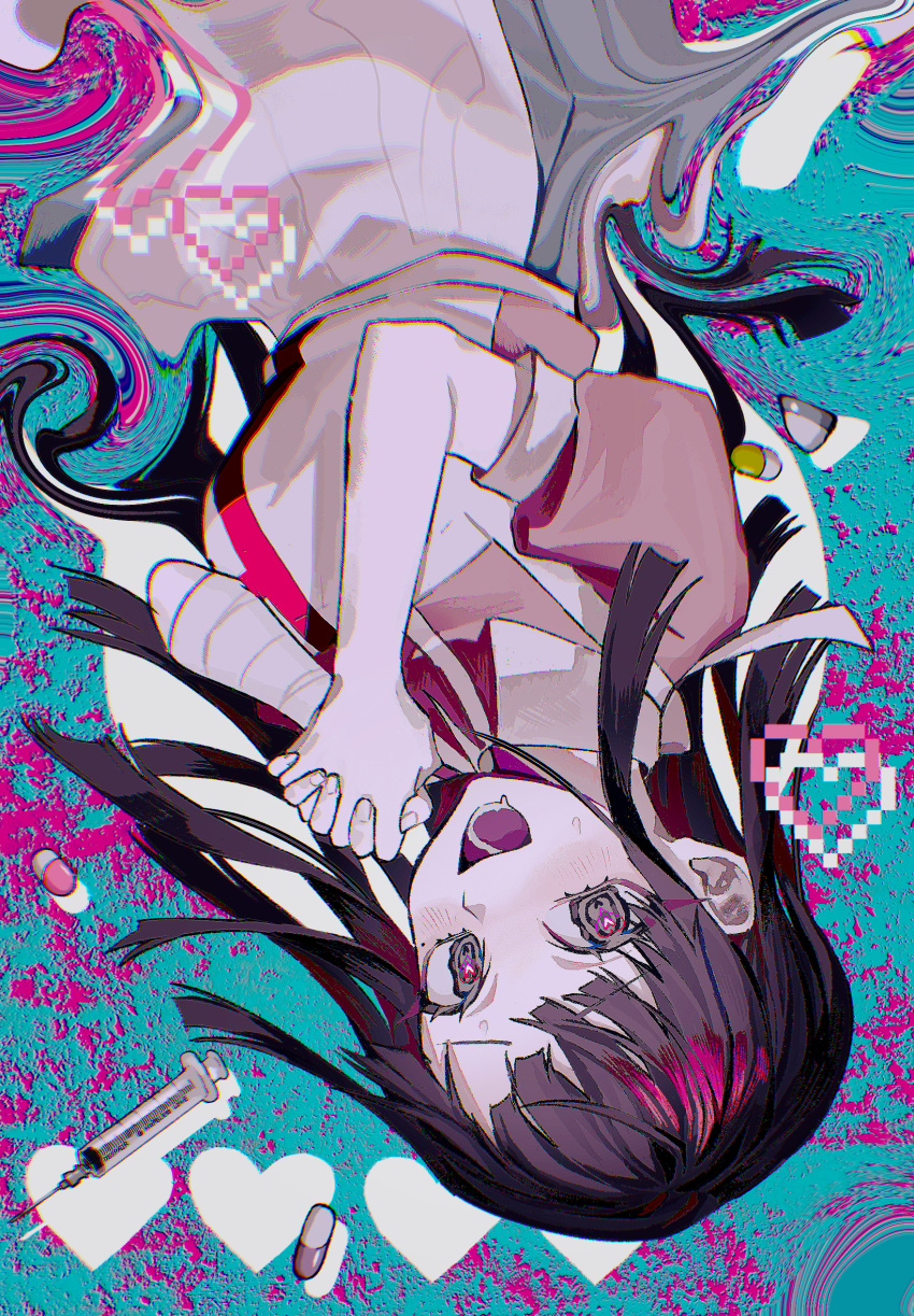 1girl :d apron black_hair breasts danganronpa_(series) danganronpa_2:_goodbye_despair green_background grey_apron heart highres kaiko_(pixiv_42903528) large_breasts long_hair lower_teeth_only multicolored_background own_hands_clasped own_hands_together pill pink_shirt puffy_short_sleeves puffy_sleeves purple_hair red_background shirt short_sleeves smile solo teeth tongue tsumiki_mikan white_background