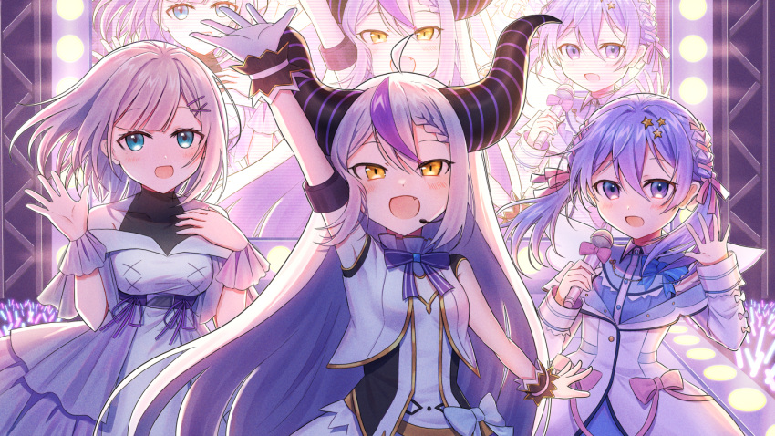 3girls :d arms_up black_socks blue_eyes blue_hair braid collared_shirt commentary_request demon_horns double-parted_bangs dress fang french_braid grey_hair headpiece holding holding_microphone hololive hololive_idol_uniform horns kaga_sumire la+_darknesss long_hair long_hair_between_eyes looking_at_viewer medium_hair microphone multicolored_hair multiple_girls negodon nijisanji off-shoulder_dress off_shoulder open_mouth projected_inset purple_hair shirt short_hair skin_fang smile socks stage streaked_hair twintails waving white_dress yuuki_chihiro
