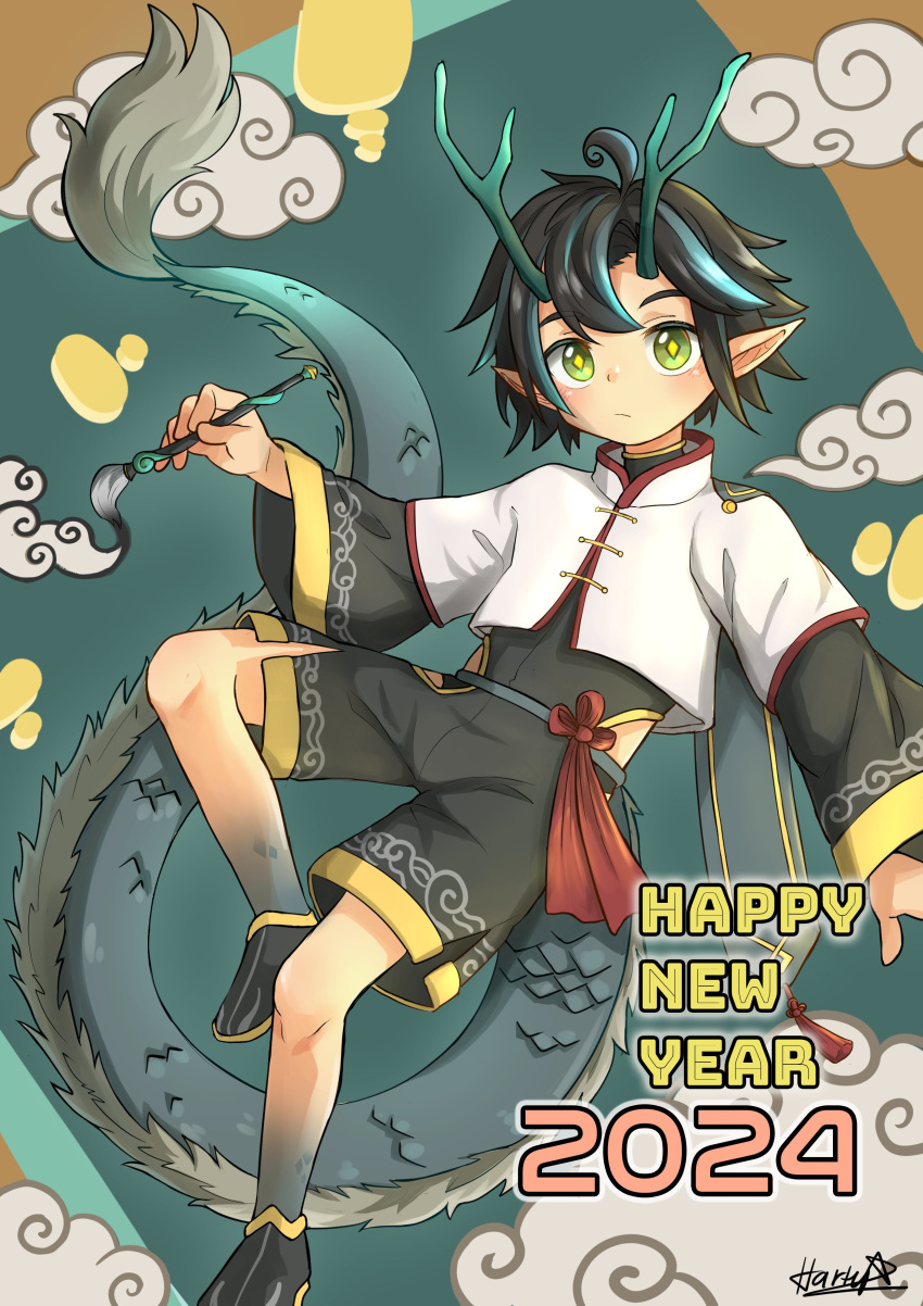 1boy 2024 absurdres artist_name child clouds cloudy_sky commentary dated dragon dragon_boy dragon_tail eastern_dragon english_commentary fantasy flying green_eyes green_footwear green_hair happy_new_year hazukineko553 highres japanese_clothes kemonomimi_mode looking_at_viewer male_focus mountainous_horizon original pointy_ears shorts sky solo tail whorled_clouds