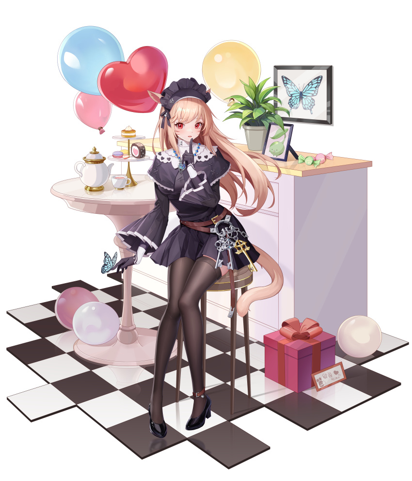 1girl absurdres animal_ears balloon belt black_capelet black_dress black_footwear black_gloves black_headdress box brown_hair brown_thighhighs bug butterfly butterfly_on_hand capelet cat_ears cat_tail checkered_floor cup drawer dress final_fantasy final_fantasy_xiv finger_to_own_chin food full_body gift gift_box gloves heart_balloon high_heels highres jewelry key keychain korpokkur_(final_fantasy) light_smile long_bangs long_hair looking_at_viewer macaron miqo'te necklace open_mouth pantyhose photo_(object) picture_frame plant pleated_skirt potted_plant red_eyes simple_background sitting skirt solo stool tail teacup teapot thigh-highs tokiha_reimu turtleneck_capelet warrior_of_light_(ff14) wide_sleeves wrapped_candy