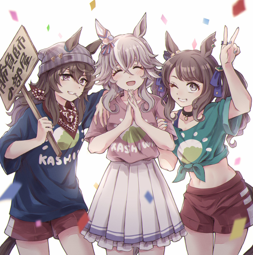3girls absurdres animal_ears arm_on_another's_shoulder arm_up bandana beanie blue_shirt breasts brown_hair candy clenched_teeth closed_eyes confetti cowboy_shot ears_through_headwear food food_in_mouth green_shirt grey_hair grin hair_between_eyes hat highres holding holding_sign horse_ears horse_girl horse_tail interlocked_fingers jewelry lollipop long_hair long_sleeves looking_at_viewer midriff multiple_girls nakayama_festa_(umamusume) namuko navel official_alternate_costume one_eye_closed own_hands_together pendant_choker pink_shirt pleated_skirt red_shorts ring shirt short_shorts short_sleeves shorts sign skirt small_breasts smile tail teeth tied_shirt tosen_jordan_(umamusume) twintails umamusume v white_background white_skirt wonder_acute_(umamusume)