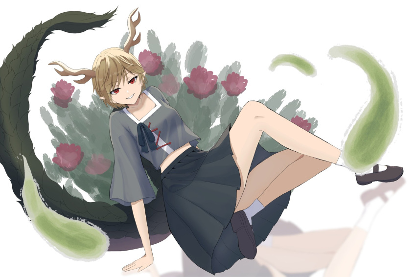 1girl antlers arm_support black_footwear blonde_hair blue_shirt blue_skirt breasts dragon_girl dragon_horns dragon_tail flower full_body grin highres horns kicchou_yachie looking_at_viewer mary_janes midriff_peek momitoekk pleated_skirt pointy_ears red_eyes reflective_floor shirt shoe_soles shoes short_hair simple_background skirt small_breasts smile smirk socks solo square_neckline tail touhou turtle_shell white_background white_socks yellow_horns