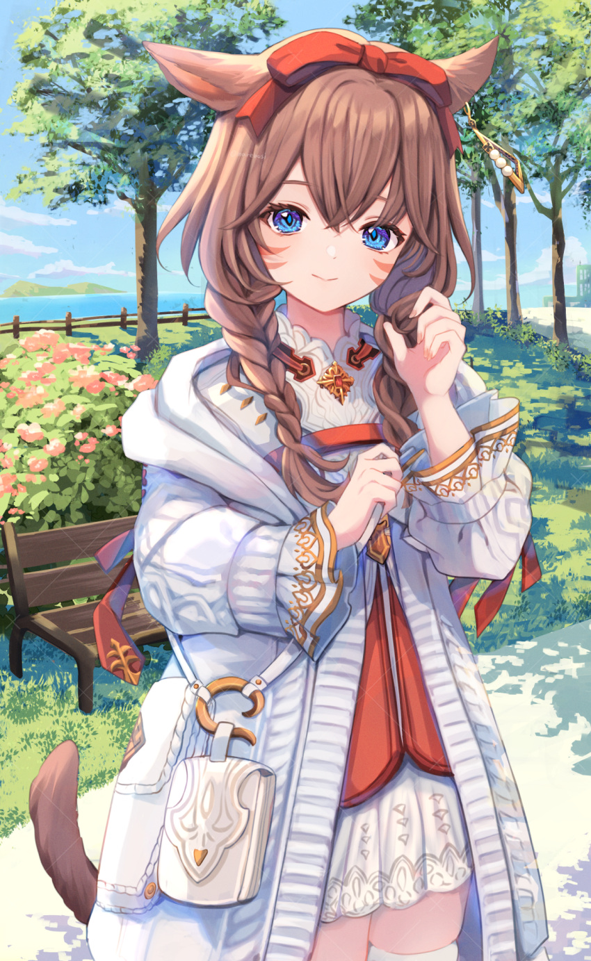 1girl animal_ears bag bench blue_eyes braid brown_hair bush cat_ears cat_tail closed_mouth commission dress earrings feet_out_of_frame final_fantasy final_fantasy_xiv flower gold_trim grass hair_between_eyes hair_ribbon hand_in_own_hair highres hood hoodie jewelry long_hair looking_at_viewer marekamico miqo'te nail_polish ocean park park_bench red_ribbon red_vest ribbon shoulder_bag sidewalk single_earring skeb_commission solo tail thighs tree turtleneck_dress twin_braids vest warrior_of_light_(ff14) white_dress white_hoodie