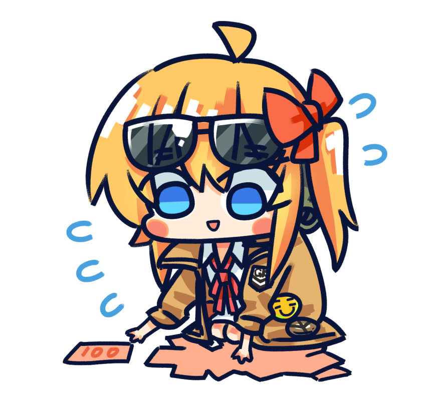 1girl ahoge badge banknote blue_eyes blush_stickers brown_jacket button_badge chibi chinese_commentary commentary_request eyewear_on_head flying_sweatdrops girls_frontline hair_between_eyes hair_ribbon highres jacket kalina_(girls'_frontline) long_hair looking_down money neck_ribbon official_art open_mouth orange_hair red_ribbon ribbon seiza shirt side_ponytail simple_background sitting smile solo su_xiao_jei sunglasses white_background white_shirt
