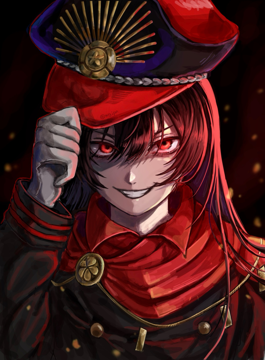 1girl black_background cape family_crest fate/grand_order fate_(series) gloves grin hair_between_eyes hat highres looking_at_viewer medallion military military_hat military_uniform oda_nobunaga_(fate) oda_uri peaked_cap portrait red_cape red_eyes redhead simple_background smile smirk solo teeth uniform wgjpn white_gloves