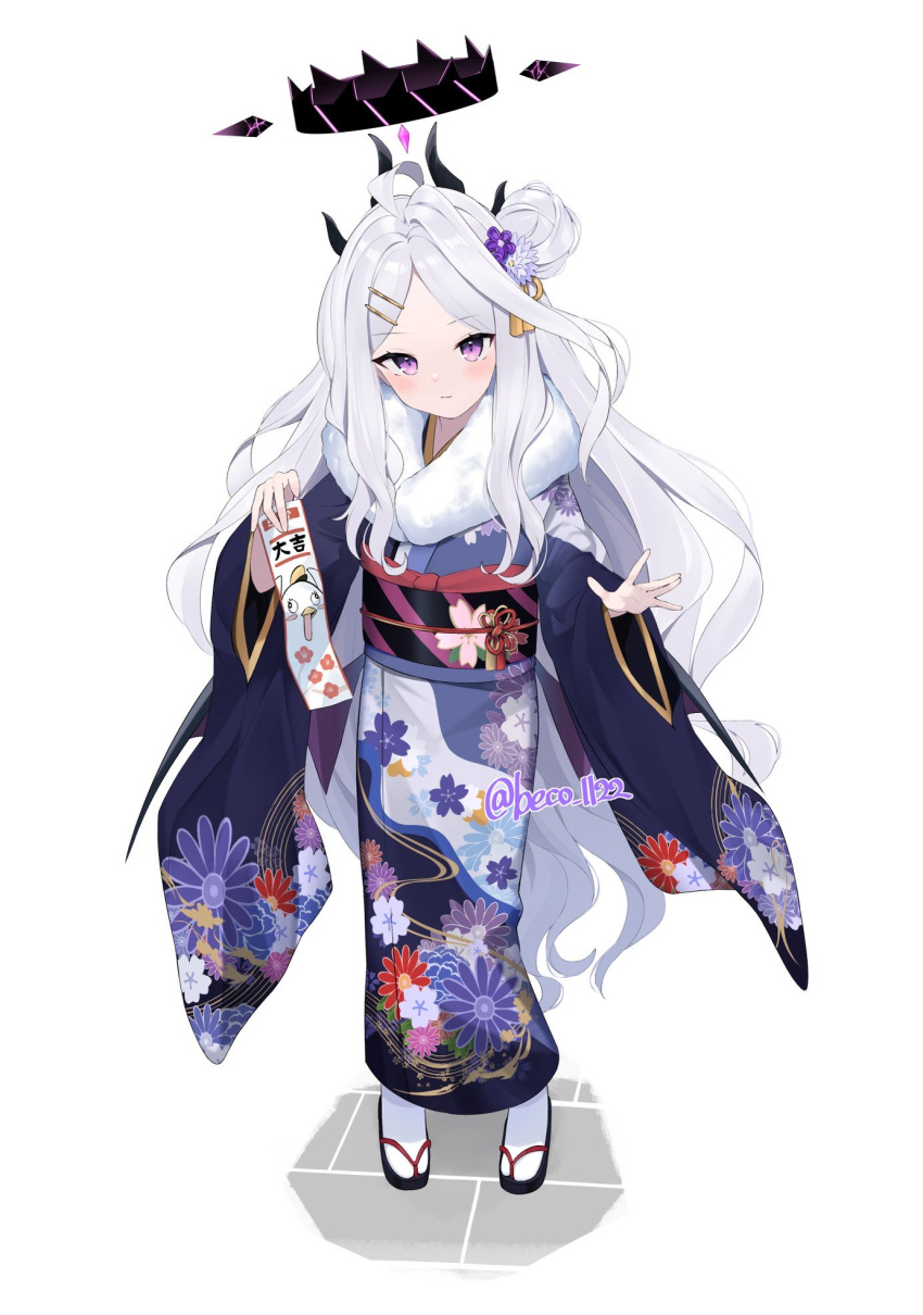 1girl alternate_costume beko_(beco_1122) blue_archive closed_mouth commentary_request demon_horns floral_print flower full_body fur-trimmed_kimono fur_trim hair_bun hair_flower hair_ornament hairclip halo head_tilt highres hina_(blue_archive) horns japanese_clothes kimono long_hair long_sleeves looking_at_viewer obi obiage obijime omikuji parted_bangs purple_flower sash simple_background solo standing tabi very_long_hair violet_eyes white_background white_hair wide_sleeves zouri